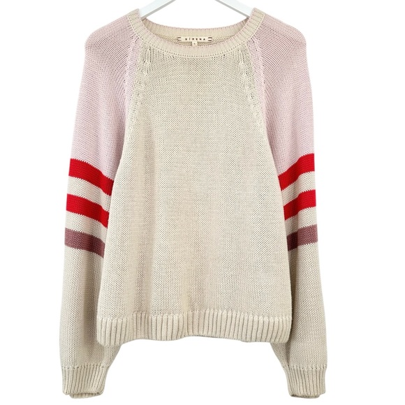 XiRENA Sweaters - XiRENA Apres Sun Cream Beige Pink Striped Sleeve Loose Fit Cotton Knit Sweater